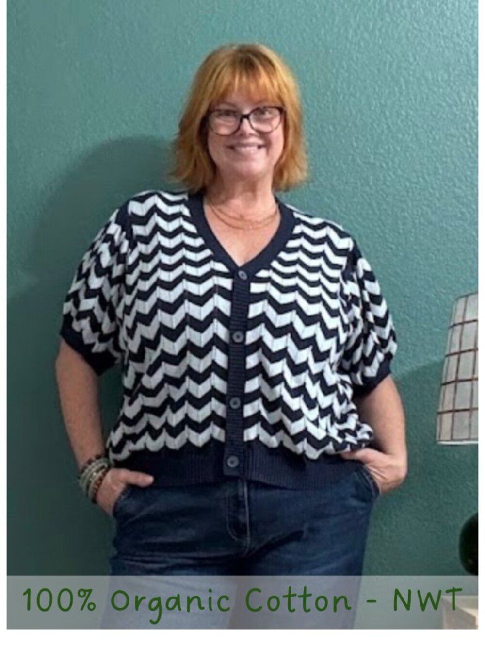 NWOT DG2 by Diane Gilman Organic Cotton Chevron Knit Cardigan Sweater Blue 2X